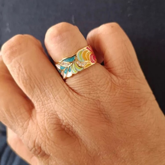 Anthro Silver Gold Ornament Boho Enamel Cats Wide Ring Jewelry Dopamine - Picture 13 of 13